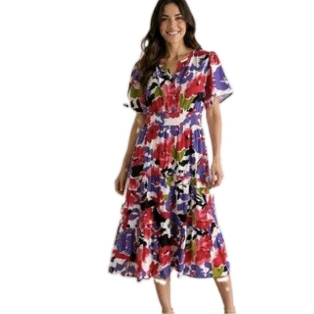 NAOO Floral Midi Dress XL Pink Purple Smocked Waist Tiered Cotton Short Sleeve